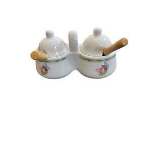 Hallmark Double Condiment Ceramic Bowls‎ Houston & Harvest #31832 w/spoons